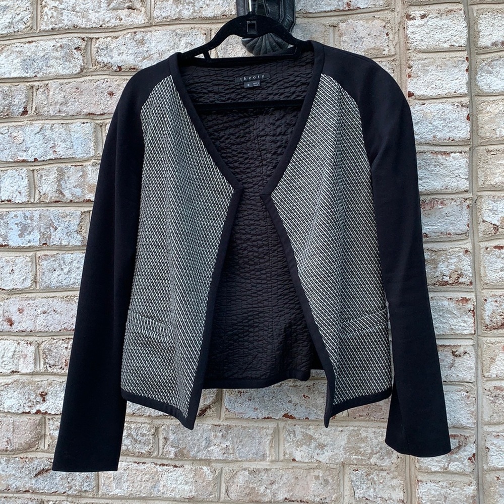Theory Black And White Drape Front Open Blazer 8 - image 1